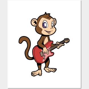 Cartoon monkey playing electric guitar Posters and Art